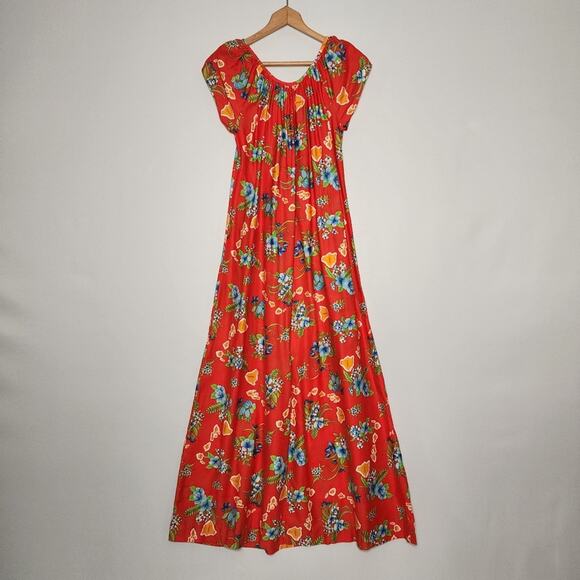 Vintage Hilo Hatties Red Hawaiian Floral Map Maxi Dress Small - Picture 4 of 7